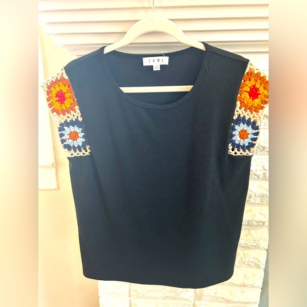 Black Crochet Sleeve Top
